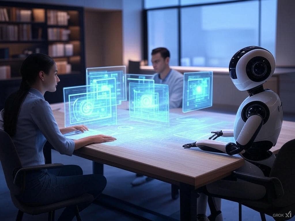 Futuristic classroom with AI study tools